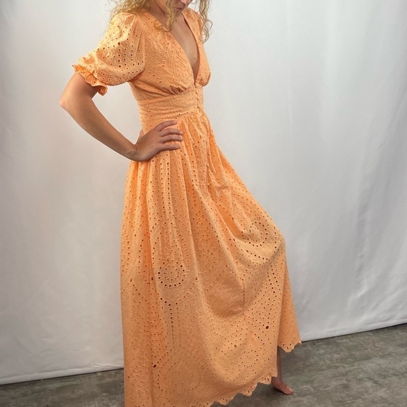 Shein‎ Deep V Eyelet Puff Sleeve Maxi Dress in Orange Size Extra Small - Picture 1 of 9